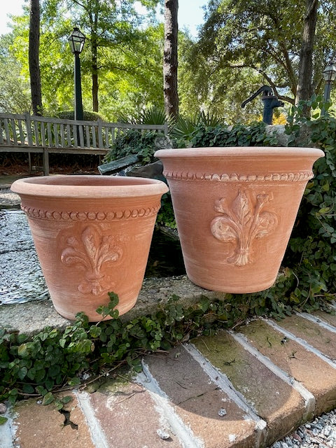 John's Garden Company fleur de lis design Italian terra cotta pot